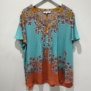 Rose Olive V Neck Multicolored Pintuck Blouse 3X Floral Boho Peasant Tunic